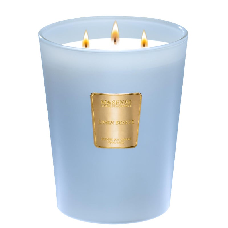 إم آند سينس شمعة M&SENSE كبيرة من الصويا معطرة برائحة نسيم الكتان 35oz 150H تدوم طويلاً، شمعة برائحة طبيعية 3 فتيل، بدون شمعة سامة، هدايا المنزل الجديد - Image 1